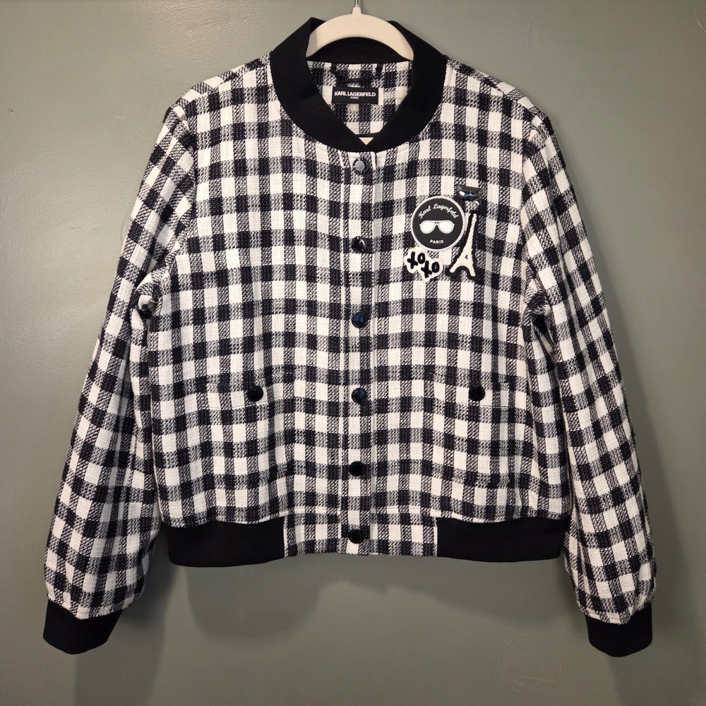 Karl Lagerfeld Paris Womens Tweed Gingham Print Bomber Jacket Size L Black White